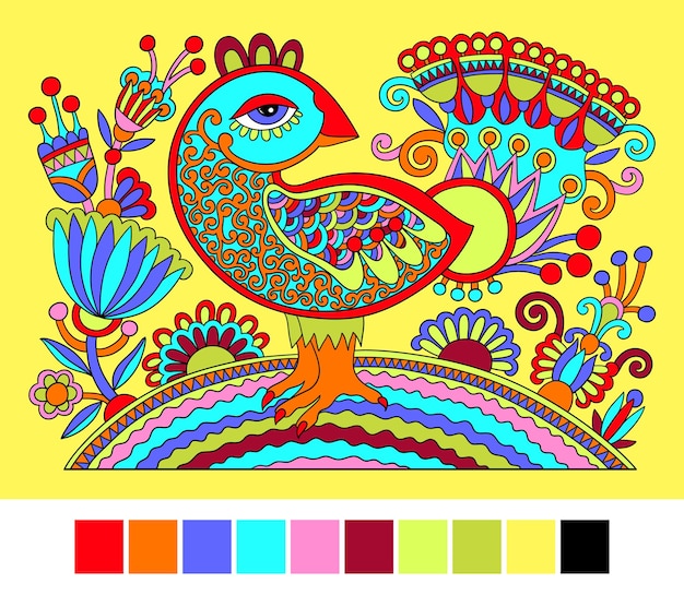 Original ukrainian hand drawn ethnic decorative pattern with bird and flowers for fabric print