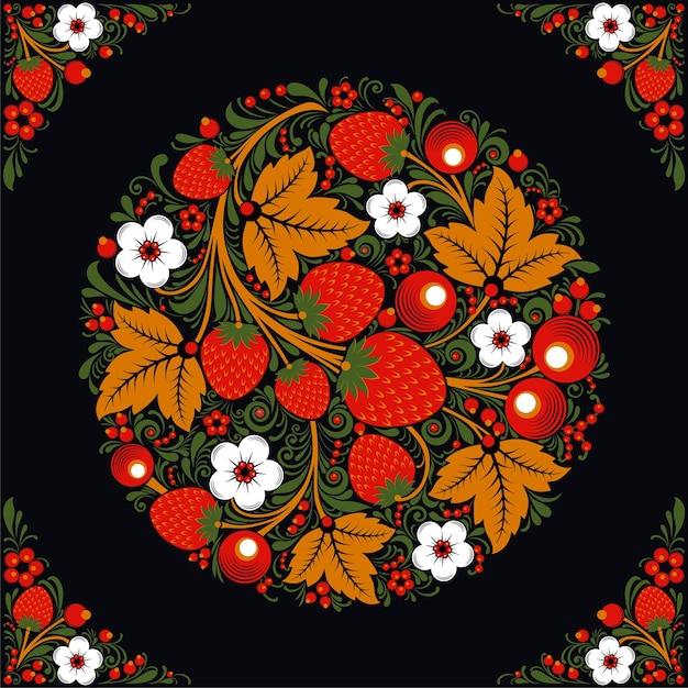 Ornament in a circle and corners with summer motif flowers and berries in style of Russian Khokhloma