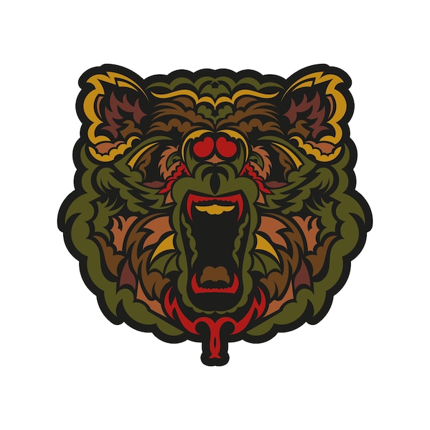 Ornament of the face of a roaring bear in the Baroque style Suitable for logos prints and postcards Isolated over white background Vector illustration