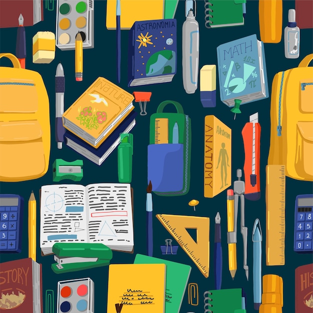 Ornament of school supplies Backpack notebooks textbooks stationery items beginner artist tools in cartoon style Back to school vector seamless pattern