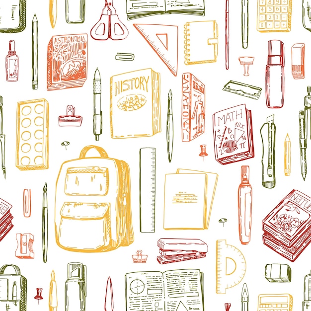 Ornament of school supplies Backpack notebooks textbooks stationery items beginner artist tools in retro sketch style Back to school vector seamless pattern