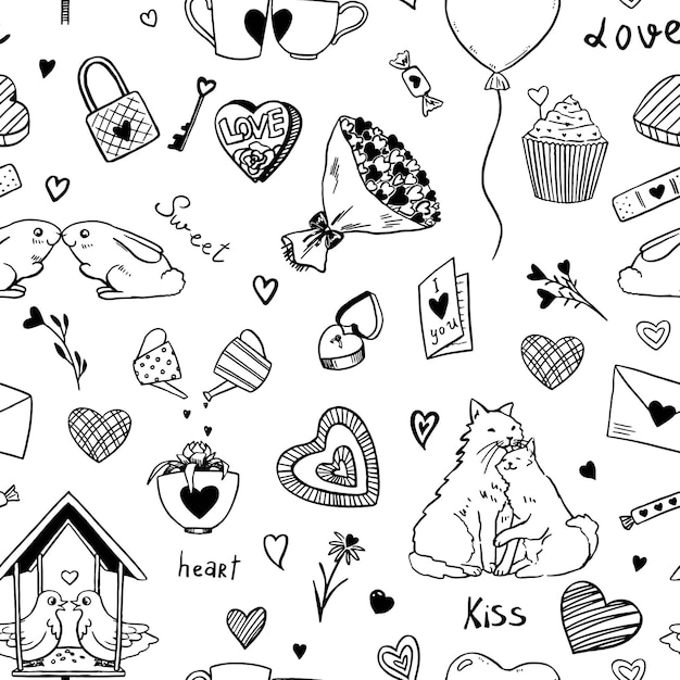 Ornament of st Valentine's holiday Hand drawn vector seamless pattern of hearts animals in love romantic attributes Design for print wrap textile wallpaper background