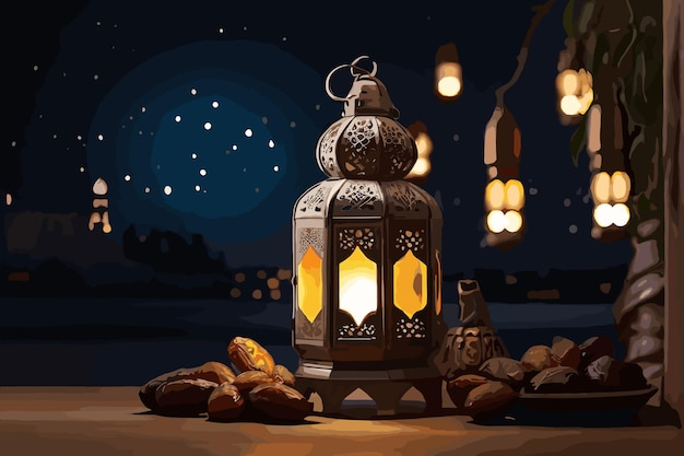 Ornamental Arabic lantern with burning candle glowing at night Festive greeting card invitation