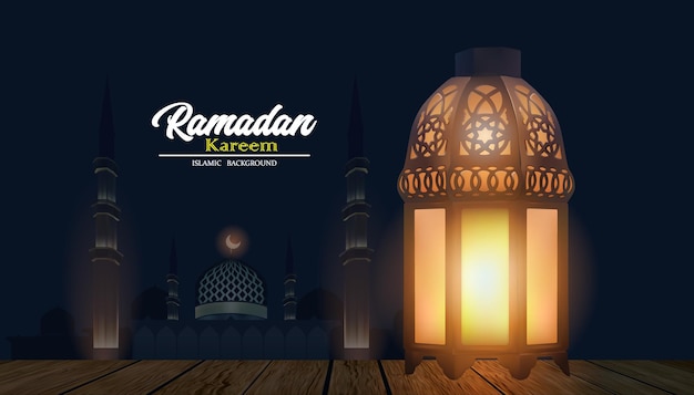 Ornamental Arabic lantern on the wood floor with Ramadan kareem  at night