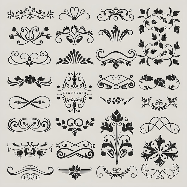 Vector ornamental black and white elements feature floral patterns