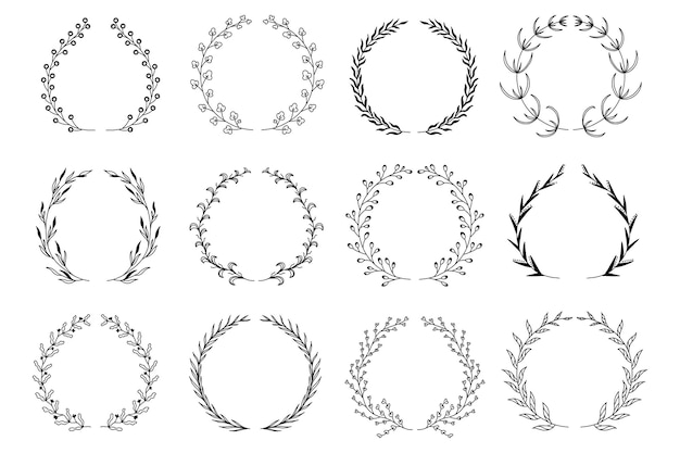 Ornamental branch wreathes set in hand drawn design Laurel leaves wreath and decorative branch