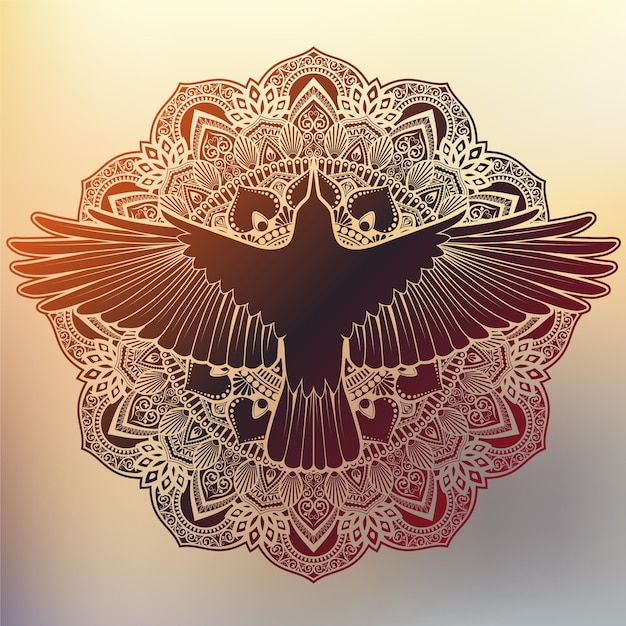 ornamental color mandala with silhouette crow decorative background