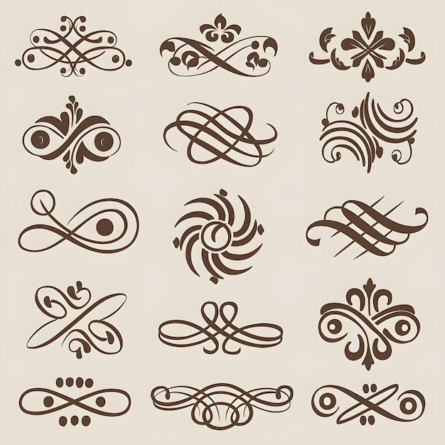 Ornamental design elements of Brown color decorative divider swirls borders pattern frames