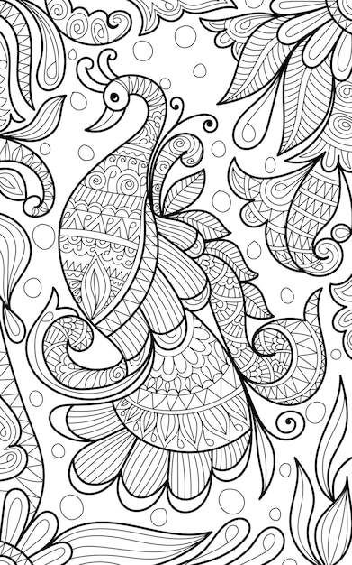 Ornamental peacock coloring book page with henna style