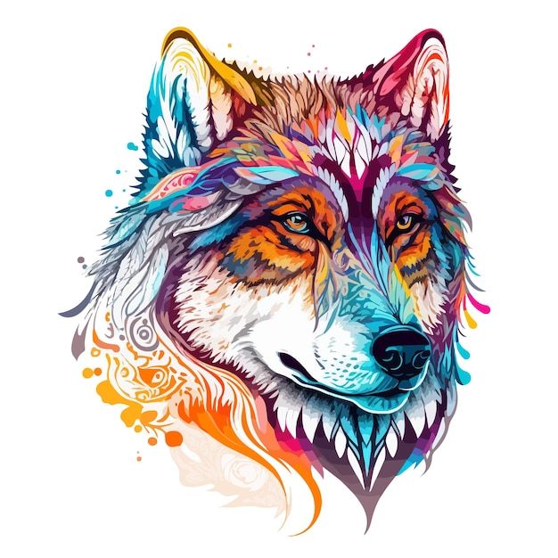 Ornamental portrait of a wise wolf with colorful fur Bright vector illustration scalable design