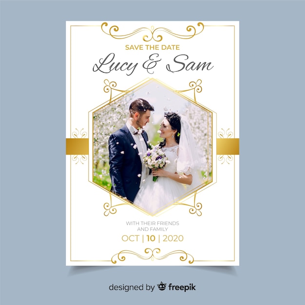 Ornamental wedding invitation template with photo