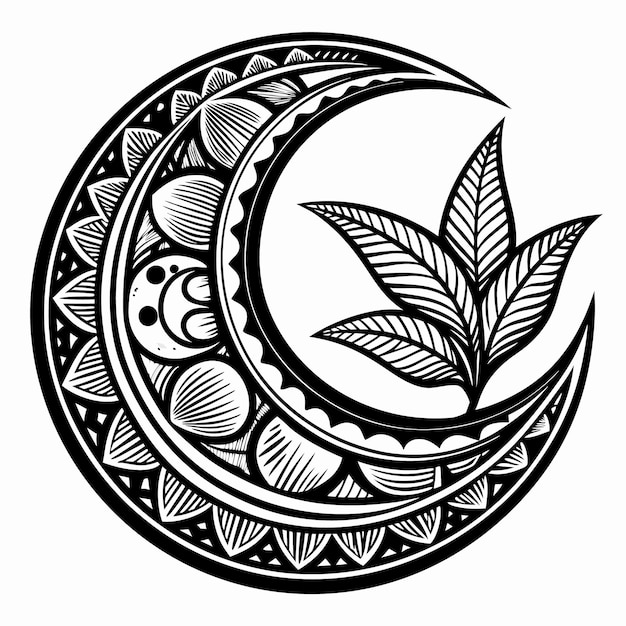 Ornate Crescent Moon with Leaves Design