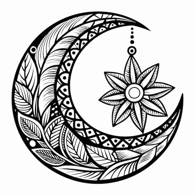 Vector ornate crescent moon with star design