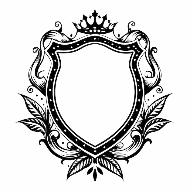 Ornate Heraldic Shield Design with Crown and Floral Elements in Black and White