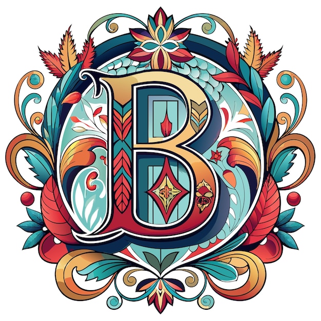 Vector ornate letter b intricately decorated with vibrant swirling floral motifs in shades of blue yell