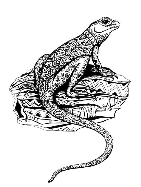 Ornate lizard with ethnic pattern in black and white graphic style