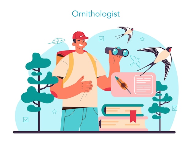 Ornithologist concept professional scientist studying birds species