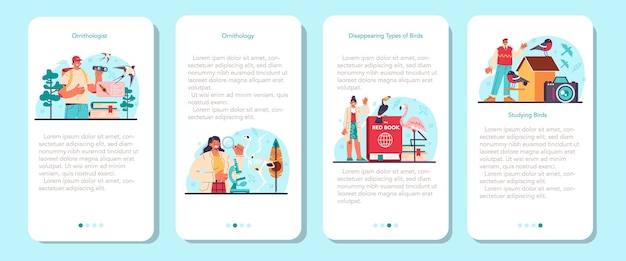 Ornithologist mobile application banner set professional scientist