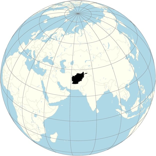 The orthographic projection of the world map with Afghanistan at its center a landlocked country