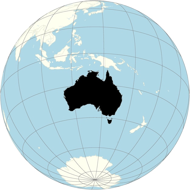 The orthographic projection of the world map with Australia at its center a continent country