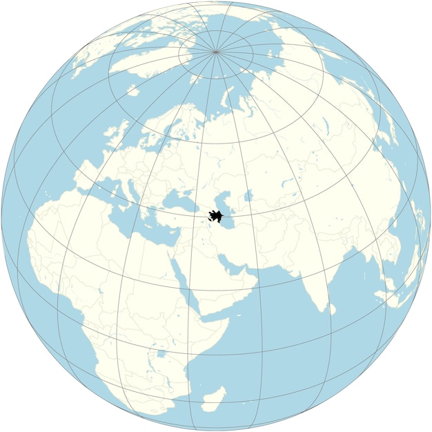 The orthographic projection of the world map with Azerbaijan at its center