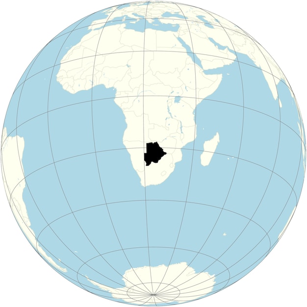 The orthographic projection of the world map with Botswana at its center a landlocked country in Sou