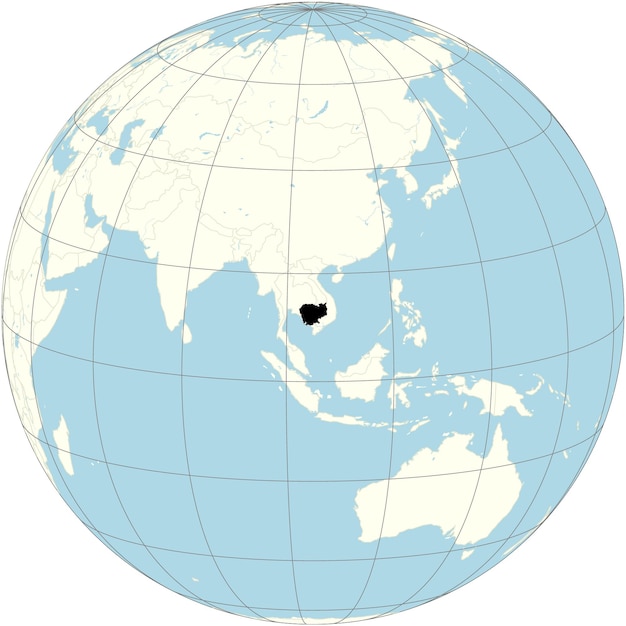 The orthographic projection of the world map with Cambodia at its center a Southeast Asian nation wh