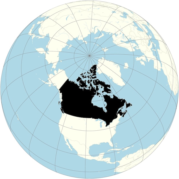 The orthographic projection of the world map with Canada at its center a country in North America