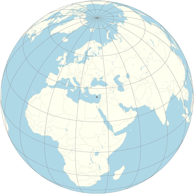 The orthographic projection of the world map with Cyprus at its center an island country in the east