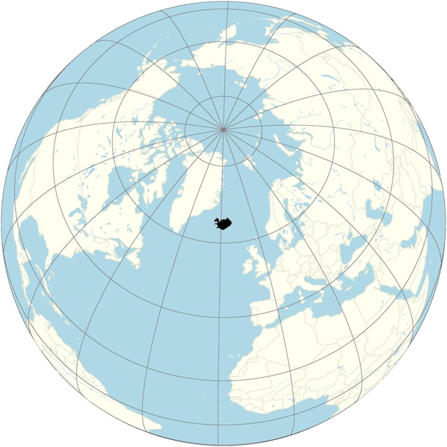 The orthographic projection of the world map with Iceland at its center a Nordic island country