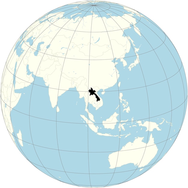 The orthographic projection of the world map with Lao PDR at its center a landlocked country in Sout