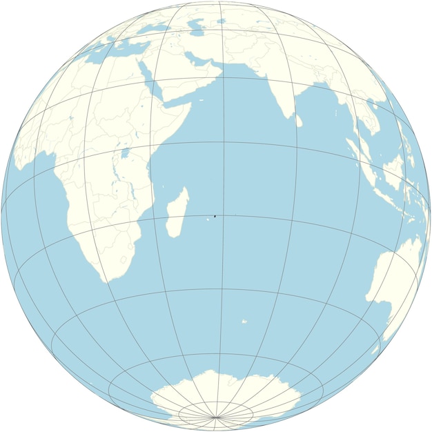 The orthographic projection of the world map with Mauritius at its center an island nation in the In