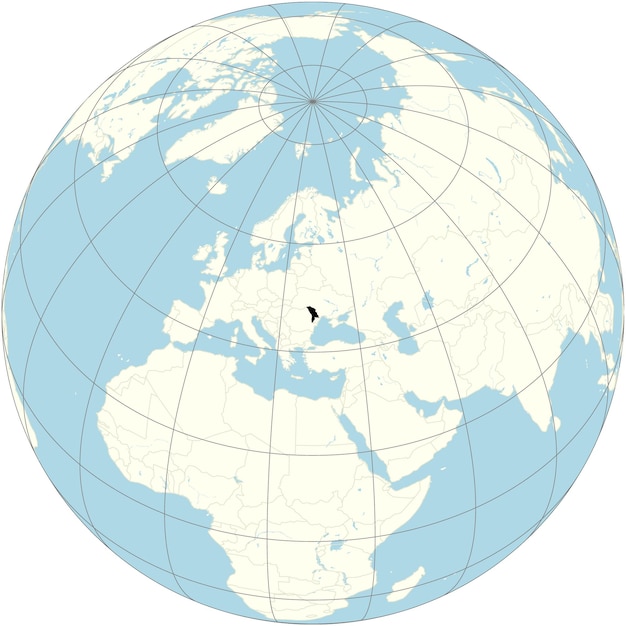 The orthographic projection of the world map with Moldova at its center a landlocked country in East