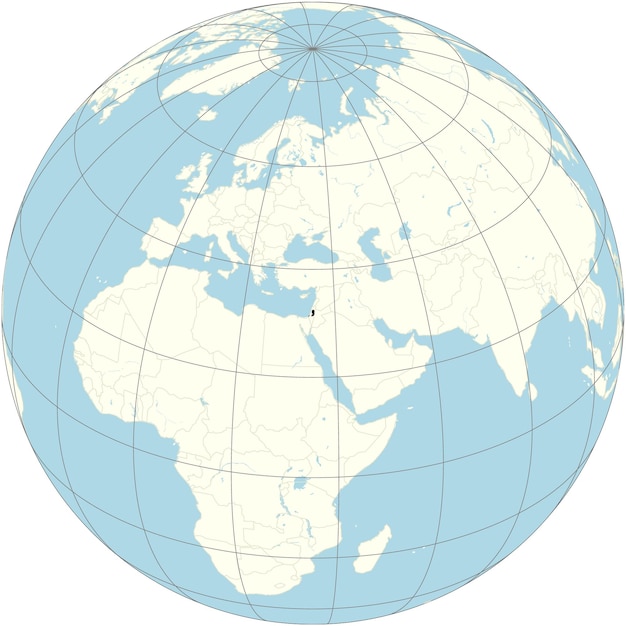 The orthographic projection of the world map with Palestine at its center a geographic region in Wes