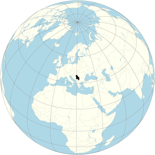 The orthographic projection of the world map with Serbia at its center a country situated at the cro