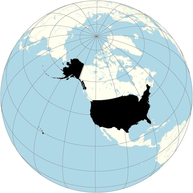 The orthographic projection of the world map with United States at its center