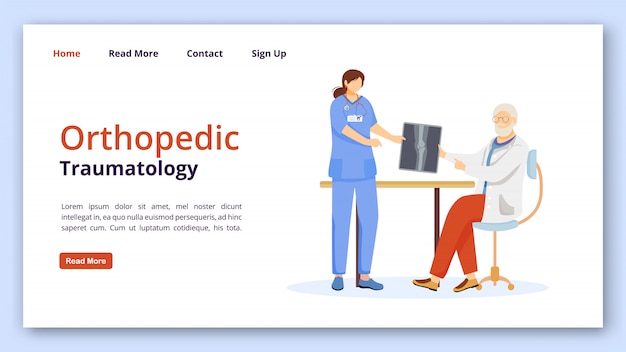 Orthopedic and traumatology landing page vector template. Bone fracture, trauma treatment website interface idea with flat illustrations. Clinic homepage layout landing page