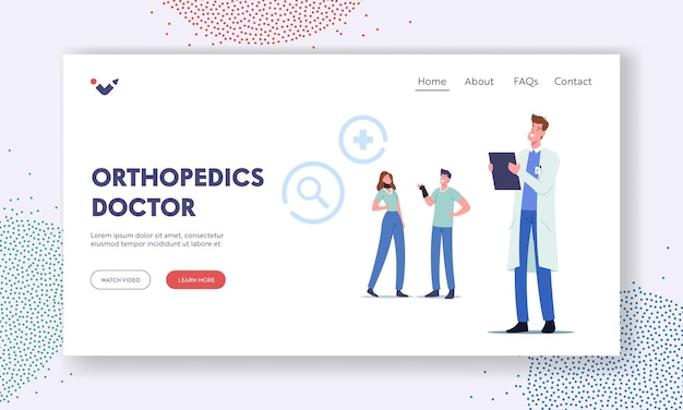 Orthopedics Doctor Landing Page Template. Healthcare Medicine, Therapy. Characters with Bandage Brace on Neck and Wrist Visiting Orthopedy Clinic or Hospital. Cartoon People Vector Illustration