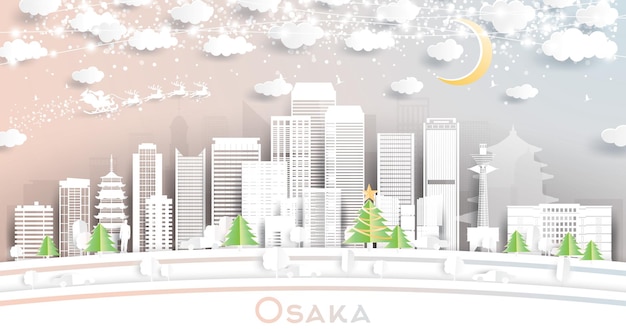 Osaka Japan City Skyline in Paper Cut Style with Snowflakes Moon and Neon Garland