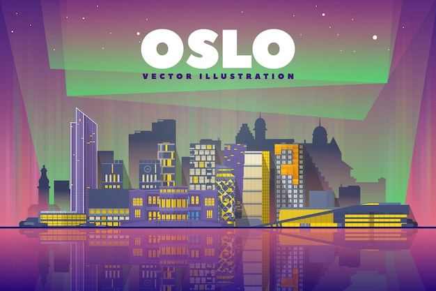 Oslo Norway skyline with panorama in night background Vector Illustration Business travel and tourism concept with modern buildings Image for presentation banner placard and web site