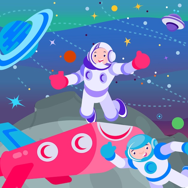 Osmonaut in universe space, vector illustration. Cartoon astronaut man character fly at galaxy, cosmos, spaceman in helmet work for exploration