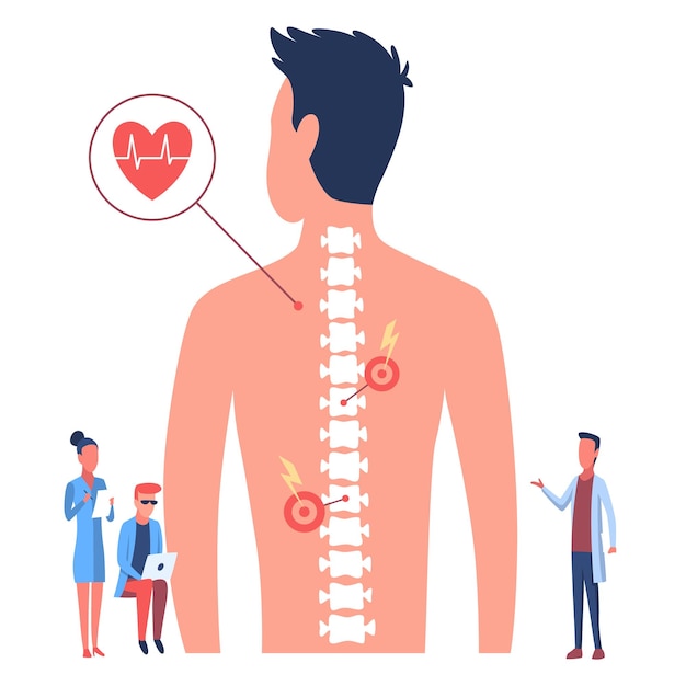 Osteopathy spine pain treatment Patient male standing back doctors looking at her spine flat vector illustration Disease diagnosis Bone health