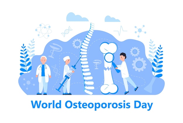 Osteoporosis world day concept osteoarthritis anatomical vector Tiny doctors research bones of human