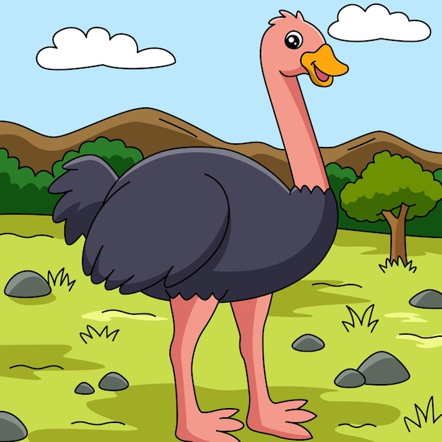 Ostrich Cartoon Vector Colored Illustration