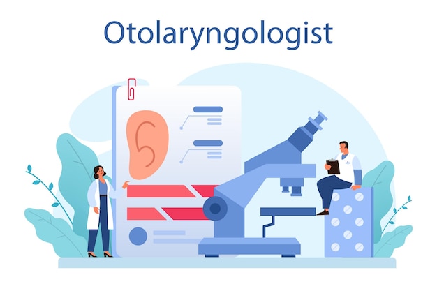 Otorhinolaryngologist concept Healthcare concept idea of ENT doctor caring about patient health Otoscopy nasopharyngoscopy audiometry Vector illustration in cartoon style