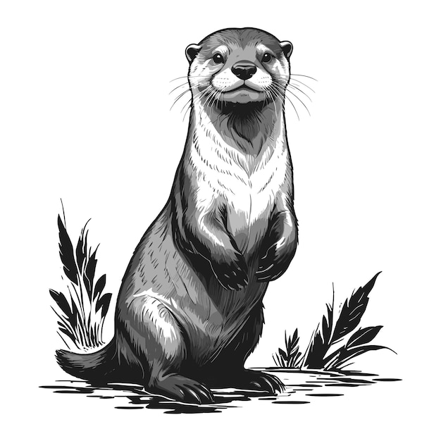 Vector otter in water hand drawn illustration