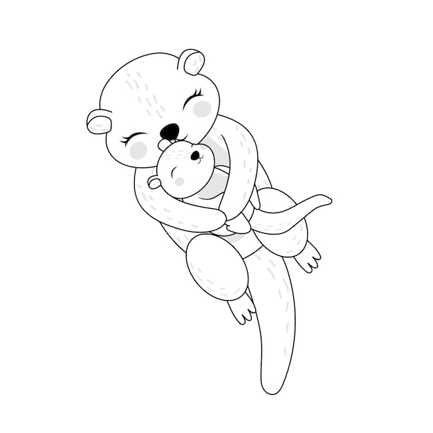 Otters Clipart Coloring Page in Cute Cartoon Style.