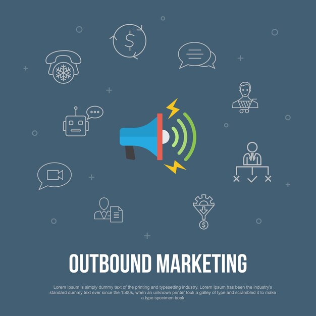 Outbound marketing trendy UI flat concept with simple line icons. Contains such elements as Conversion, Customer, Lead Generation, Cold Calling and more