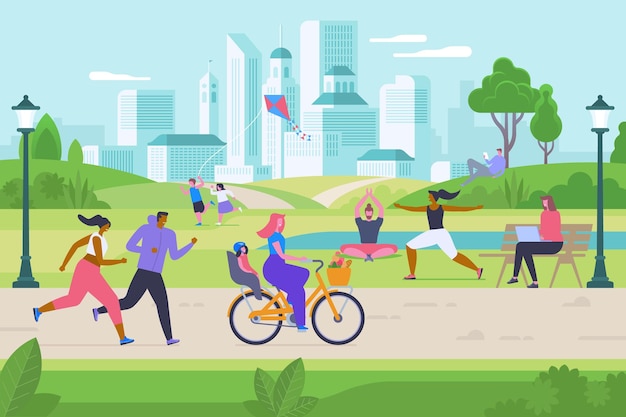 Outdoor activities flat vector illustration. Happy men, women and kids in city park cartoon characters. Children playing with kite, people do fitness and yoga. Jogging, cycling and internet surfing