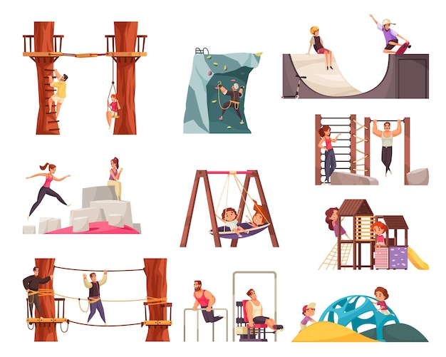 Vector outdoor activities workout set with rope park training ground and playground equipment images with human characters vector illustration